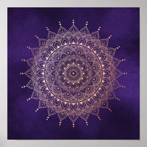 Elegant Rose Gold on Purple Floral Henna Mandala Poster