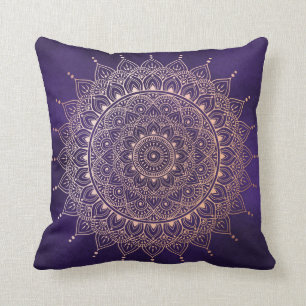 Elegant Rose Gold on Purple Floral Henna Mandala Throw Pillow