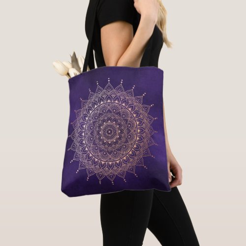 Elegant Rose Gold on Purple Floral Henna Mandala Tote Bag