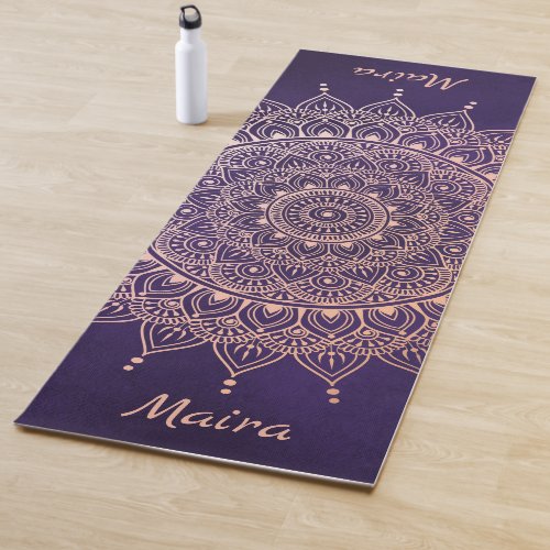 Elegant Rose Gold on Purple Floral Henna Mandala Yoga Mat