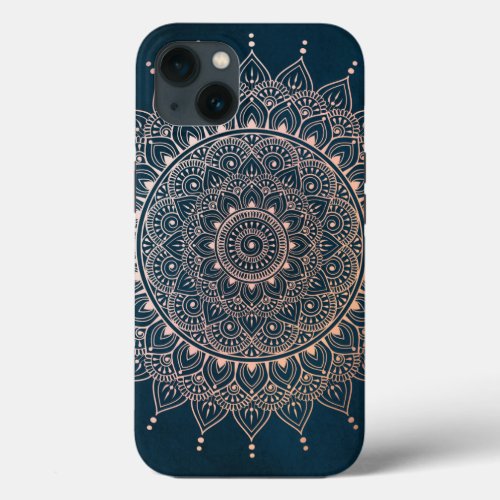 Elegant Rose Gold on Teal Floral Henna Mandala iPhone 13 Case