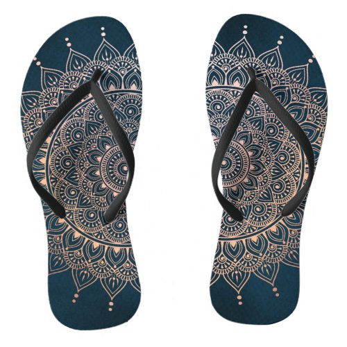 Elegant Rose Gold on Teal Floral Henna Mandala Flip Flops