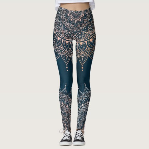 Elegant Rose Gold on Teal Floral Henna Mandala Leggings