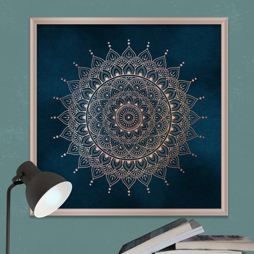 Elegant Rose Gold on Teal Floral Henna Mandala Poster