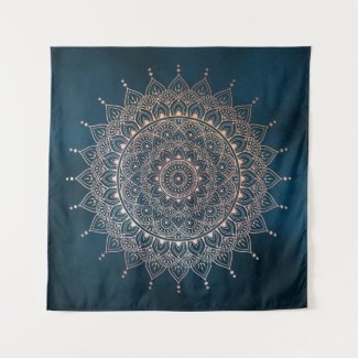 Elegant Rose Gold on Teal Floral Henna Mandala Tapestry