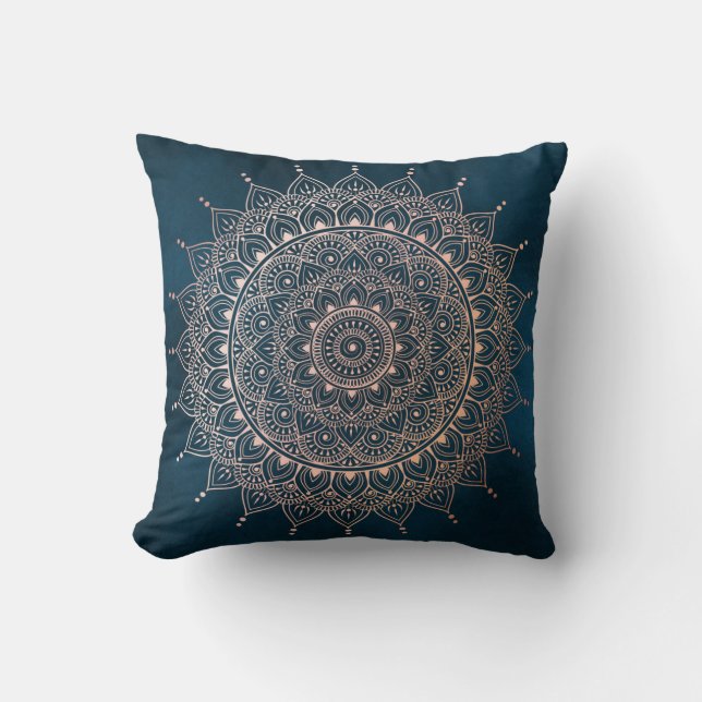 Elegant Rose Gold on Teal Floral Henna Mandala Throw Pillow (Front)