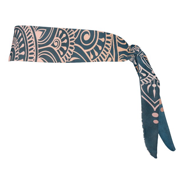 Elegant Rose Gold on Teal Floral Henna Mandala Tie Headband (Rotate 90)