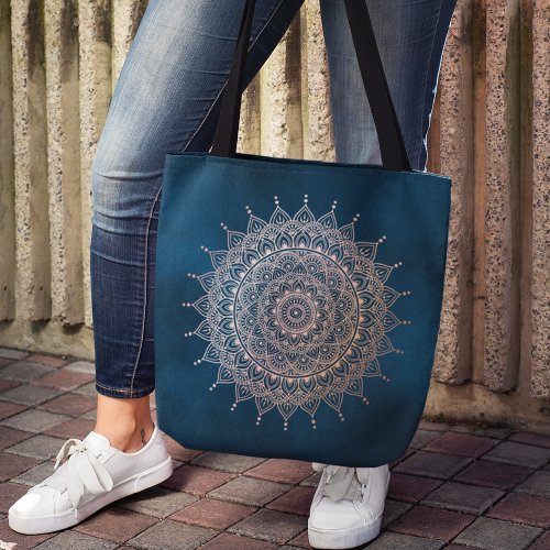 Elegant Rose Gold on Teal Floral Henna Mandala Tote Bag