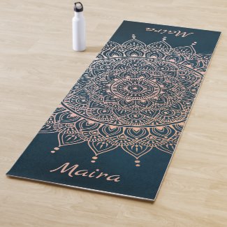 Elegant Rose Gold on Teal Floral Henna Mandala Yoga Mat