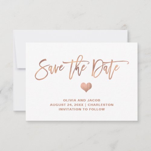 Elegant Rose Gold on White with Heart Save The Date