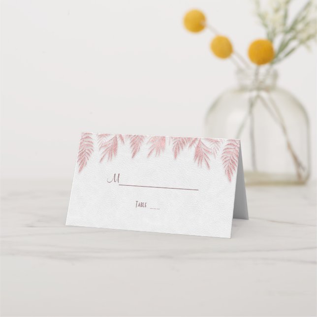 Elegant Rose Gold Palm Leaves Wedding Place Card (Front)