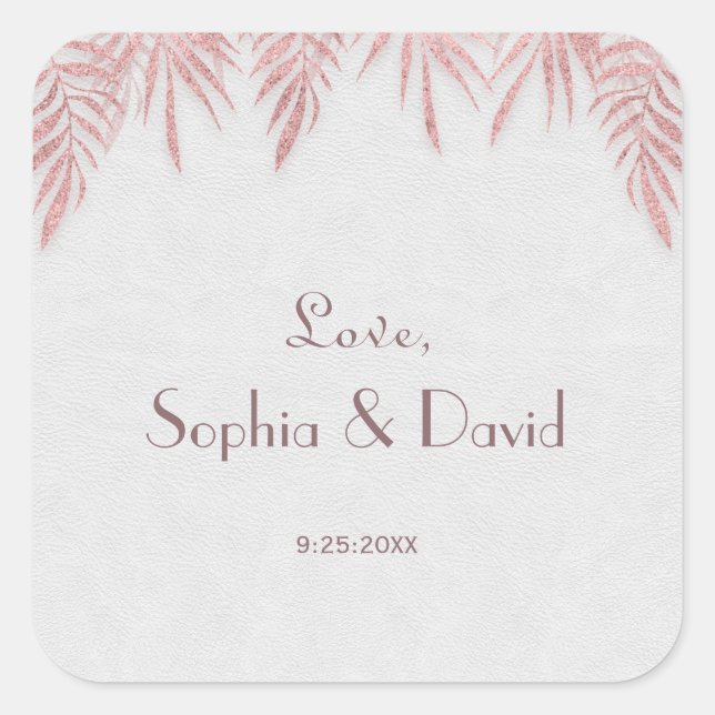 Elegant Rose Gold Palm Leaves Wedding Square Sticker (Front)