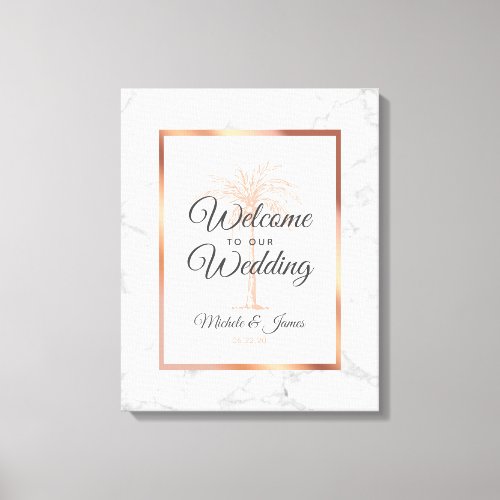 Elegant Rose Gold Palm Tree Marble Wedding Welcome Canvas Print