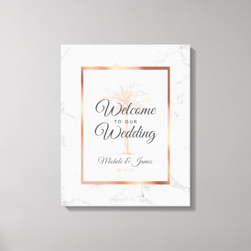 Elegant Rose Gold Palm Tree Marble Wedding Welcome Canvas Print