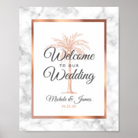 Elegant Rose Gold Palm Tree Marble Wedding Welcome Poster