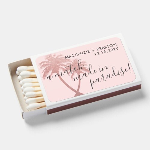 Elegant Rose Gold Palm Tree Tropical Wedding Favor Matchboxes