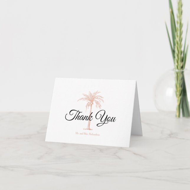 Elegant Rose Gold Palm Tree Wedding Photo Thank You Card (Front)