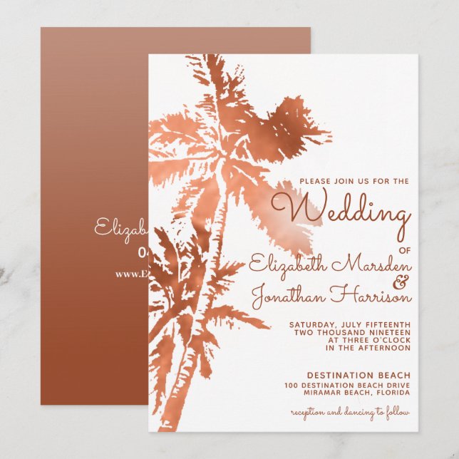Elegant Rose Gold Palm Trees Tropical Wedding Invitation (Front/Back)