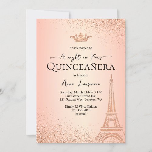 Elegant Rose Gold Paris Night Theme Quinceanera Invitation