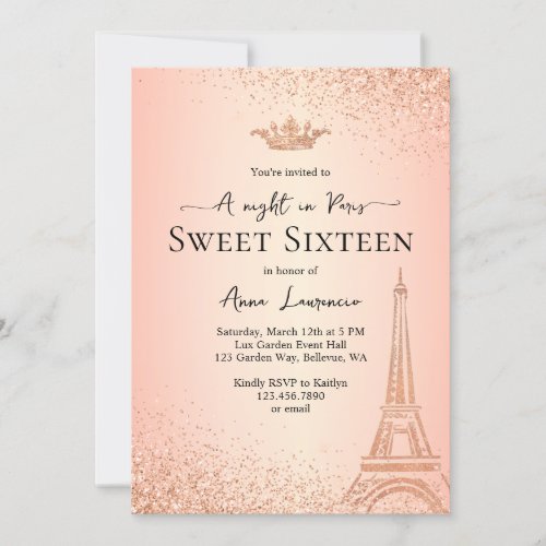 Elegant Rose Gold Paris Theme Sweet 16 Birthday Invitation
