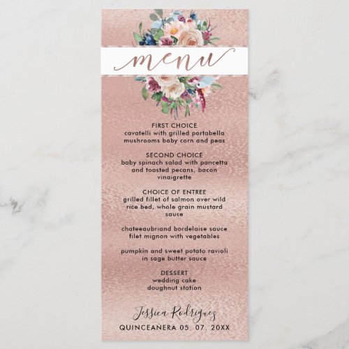 Elegant Rose Gold Pastel Floral Quinceaera Menu