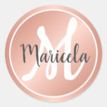 Elegant Rosé Gold Pastel Pink Monogrammed Name  Classic Round Sticker