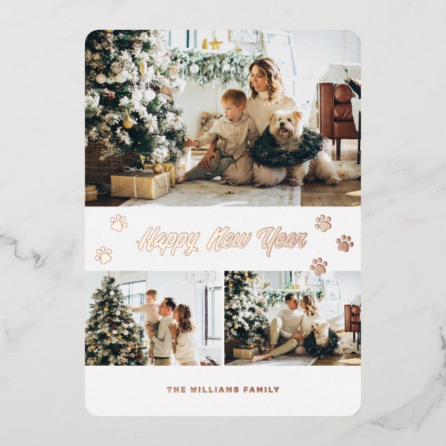 Elegant Rose Gold Paw Photo Happy New Year Foil Holiday Card (Front)