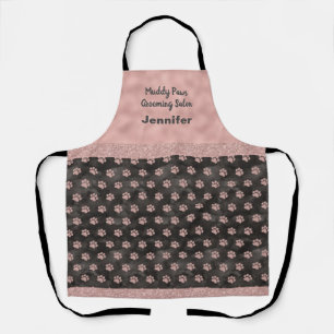 Elegant Rose Gold Paw Prints Dog Grooming Salon Apron