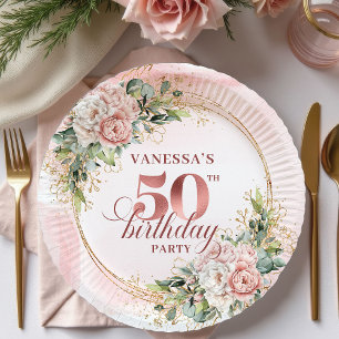 Elegant Rose Gold Peonies 50th Birthday Party Plat Paper Plates