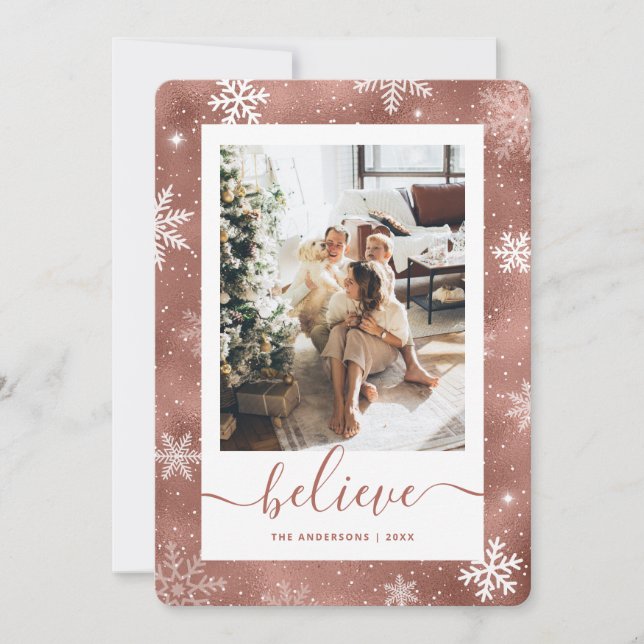 Elegant Rose Gold Photo Snowflake Holiday Card (Front)