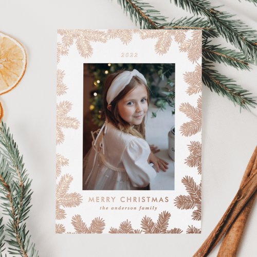 Elegant Rose Gold Pine Frame Photo Foil Holiday Card