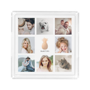 Elegant Rose Gold Pineapple Photo Collage Acrylic Tray