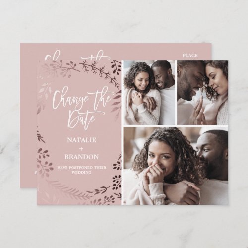 Elegant Rose Gold  Pink 3 Photo Change the Date Announcement Postcard