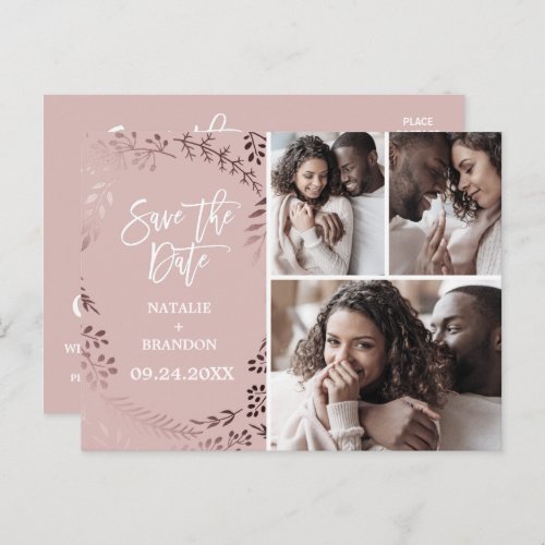 Elegant Rose Gold  Pink 3 Photo Save the Date Announcement Postcard