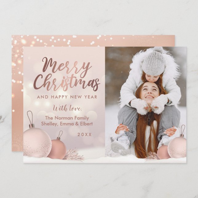 Elegant Rose Gold Pink Christmas Ornament Photo Holiday Card (Front/Back)