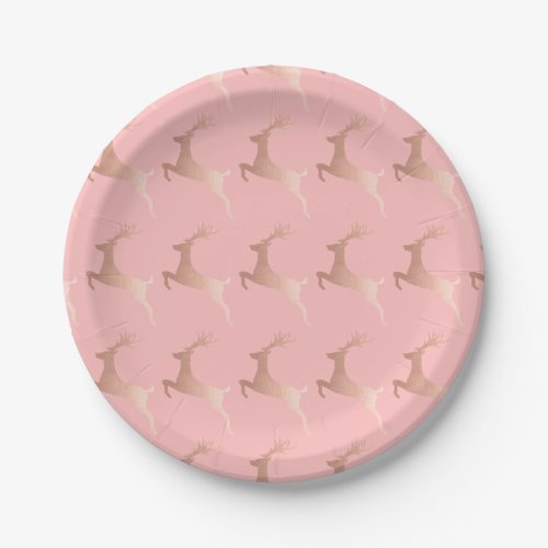 Elegant Rose Gold Pink Christmas Reindeer Pattern Paper Plates