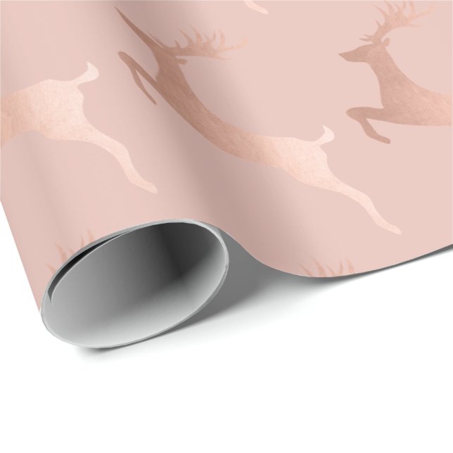 Elegant Rose Gold Pink Christmas Reindeer Pattern Wrapping Paper (Roll Corner)