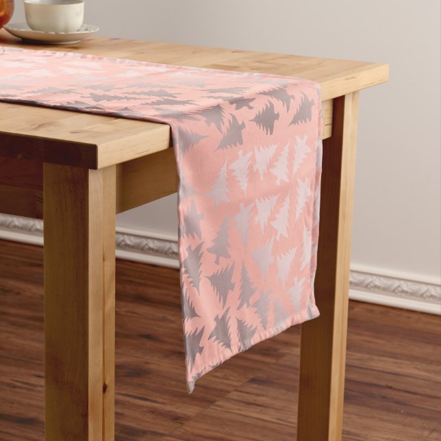 Elegant Rose Gold & Pink Christmas Tree Pattern Short Table Runner (In Situ)