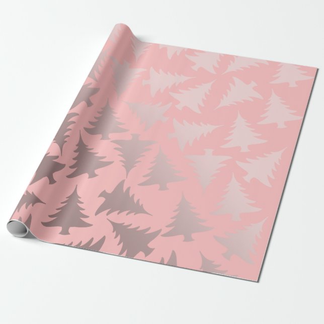 Elegant Rose Gold & Pink Christmas Tree Pattern Wrapping Paper (Unrolled)