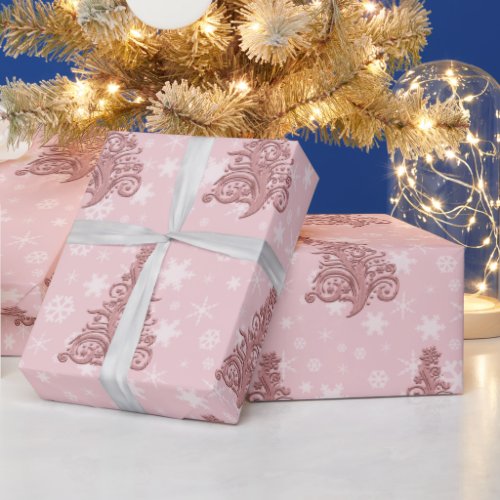 Elegant Rose Gold  Pink Christmas Tree Pattern Wrapping Paper
