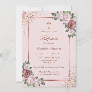 Elegant Rose Gold Pink Floral Girl Baptism Invitation
