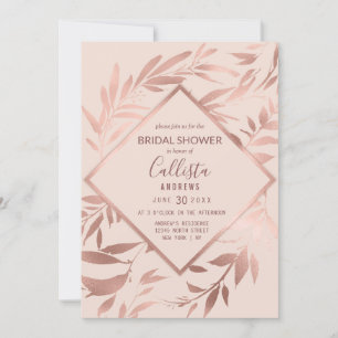 Elegant Rose Gold Pink Floral Leaves Bridal Shower Invitation