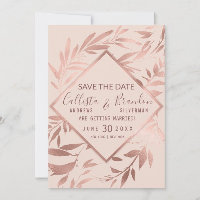 Elegant Rose Gold Pink Floral Leaves Save The Date (Front)