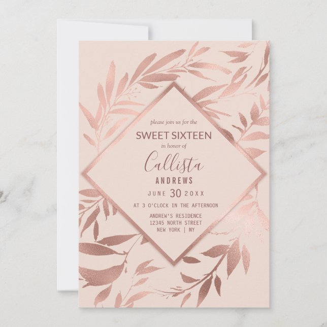 Elegant Rose Gold Pink Floral Leaves Sweet 16 Invitation (Front)