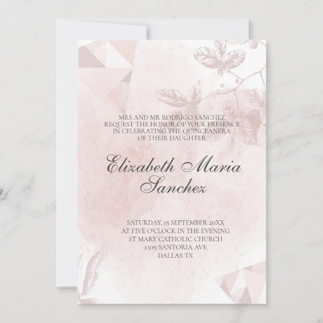 Elegant Rose Gold Pink Floral Quinceañera Invitation (Front)