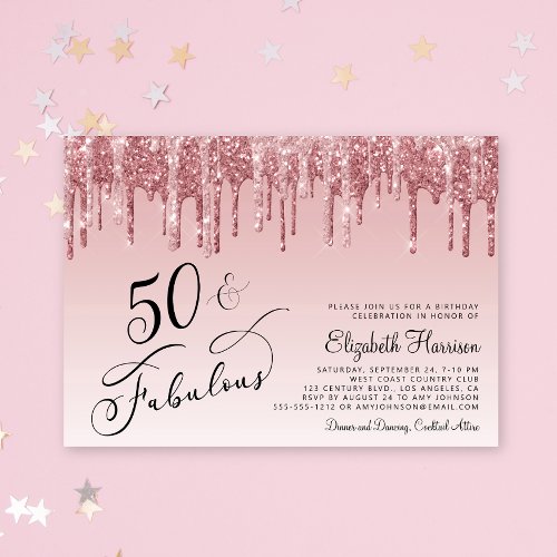 Elegant Rose Gold Pink Glitter 50th Birthday Party Invitation