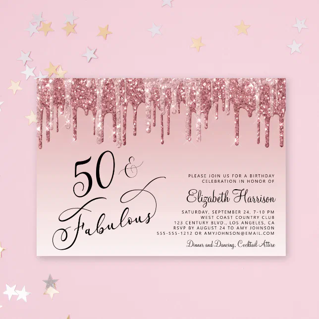 Elegant Rose Gold Pink Glitter 50th Birthday Party Invitation Zazzle