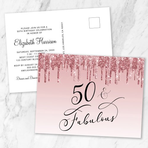 Elegant Rose Gold Pink Glitter 50th Birthday Party Invitation Postcard