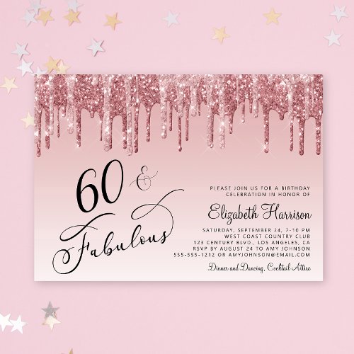 Elegant Rose Gold Pink Glitter 60th Birthday Party Invitation