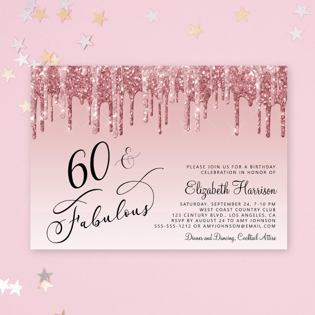 Elegant Rose Gold Pink Glitter 60th Birthday Party Invitation (Celebrate her 50 years of sparkle with an elegant pink glitter birthday party invitation  🎉 🎂 🥂)